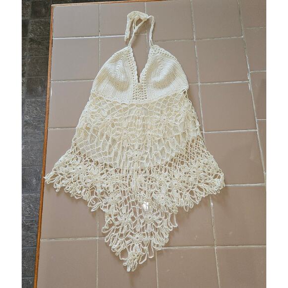 Cream Crochet Halter Top Elastic Back Partial Lining Size Medium - Picture 1 of 6
